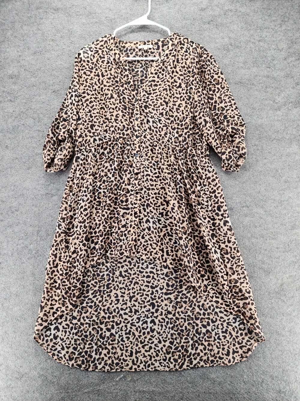Maurices Dress Womens Large Button Up Brown Animal Print Hi Low Sheer